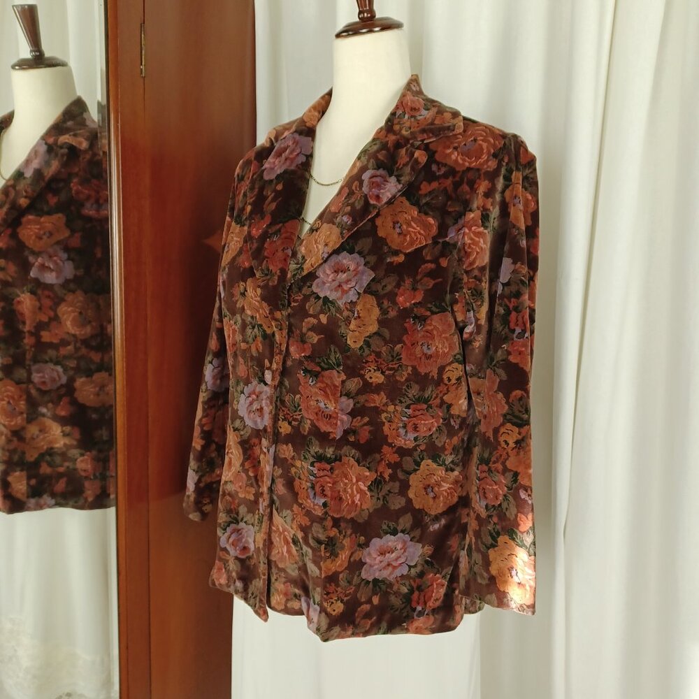 Vintage 70s Cotton Velvet Blazer, Romantic Dark Floral Print - Picture 2 of 6